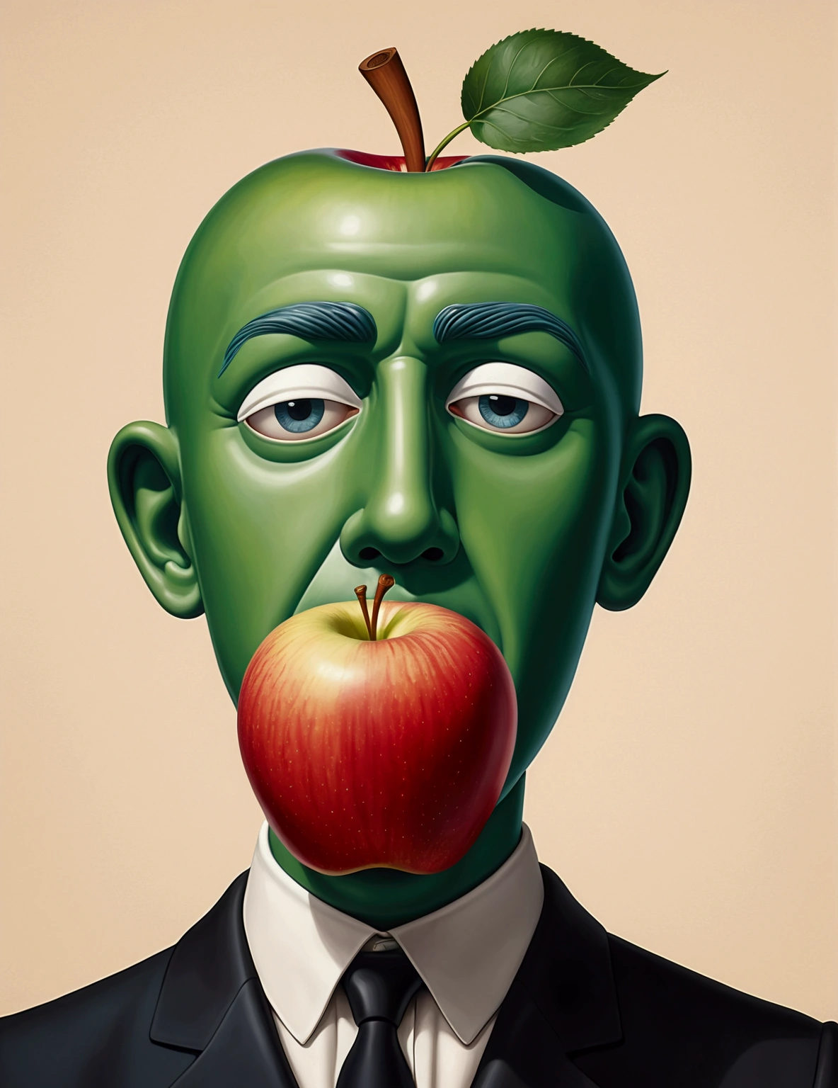 René Magritte’s ‘The Son of Man’, rubber hose style, simple line drawing, similar to Cuphead, children’s illustration style, head close-up, apple covering face, not too detailed