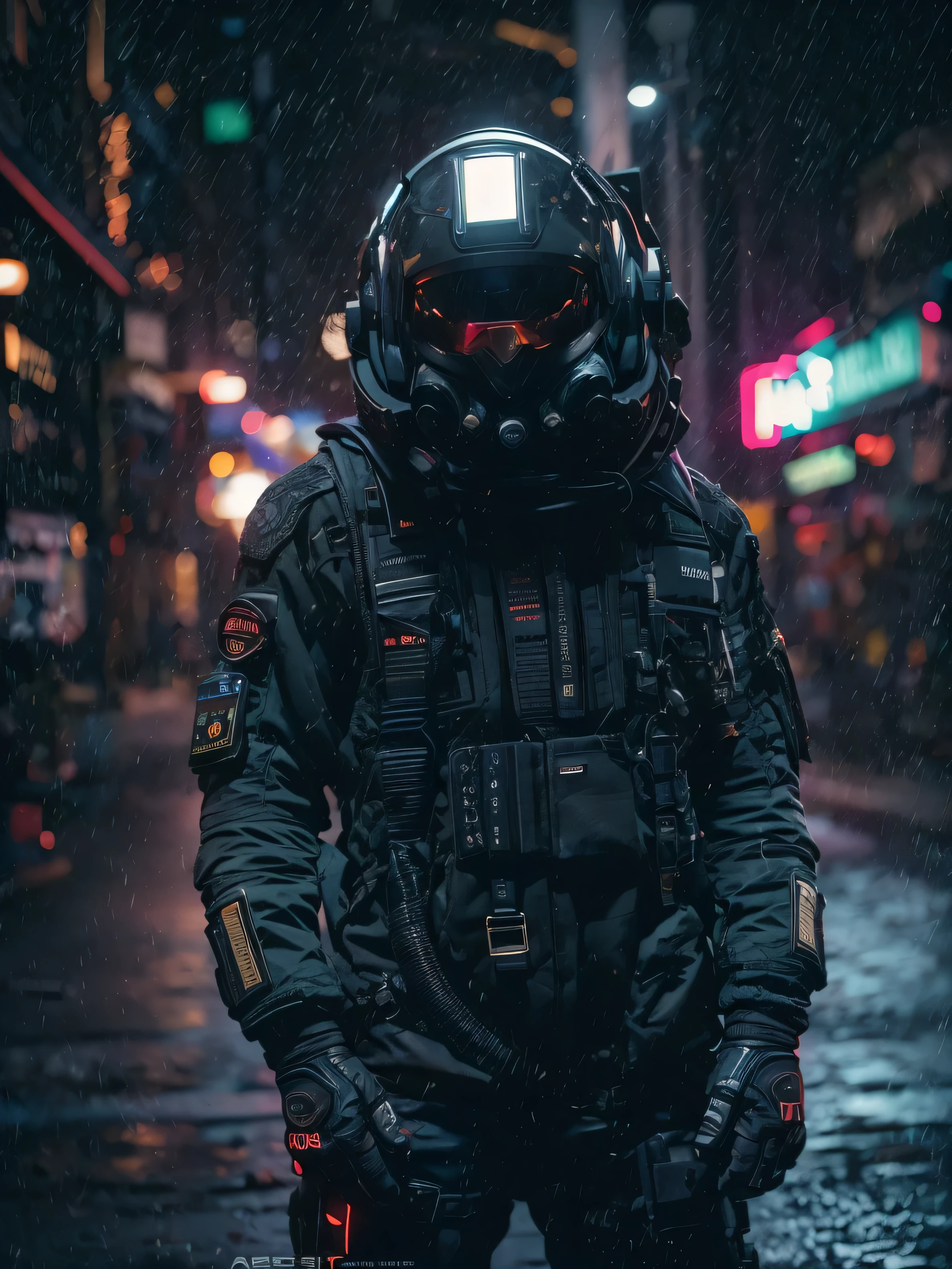 (masterpiece, full body shot, intricate raw photography) Cyberpunk citizen, comfortable oversize black hoodie, black cargo pants, black clothes, dark, wearing a black helmet hitech style Astronaut, intricate, futuristic, advanced technology, dark environment, dramatic, light and shadow, cinematic, action movie, sharpness, random relaxed position, Cyberpunk City, street lights, dark street, night, Insta photo, photo of the year, octane render, substance, Maya 3D, cinema4D, ArtStation Trending, Devian Art Trend,