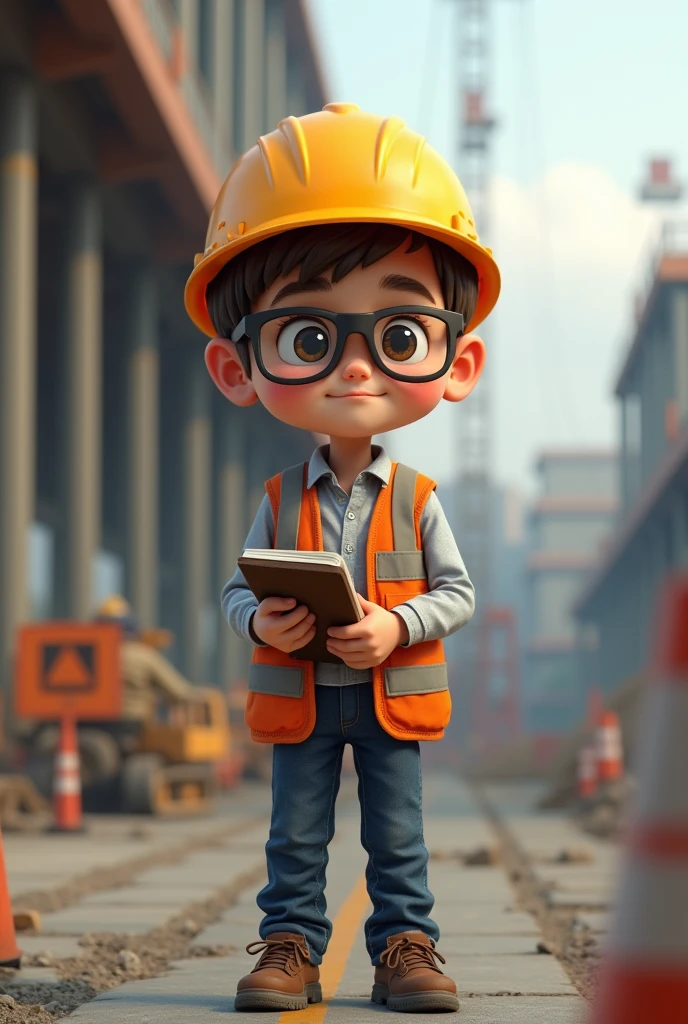 A boy is standing, he is a civil engineer, with a notebook in his hand and an engineer's helmet on his head. Glasses in his eyes
