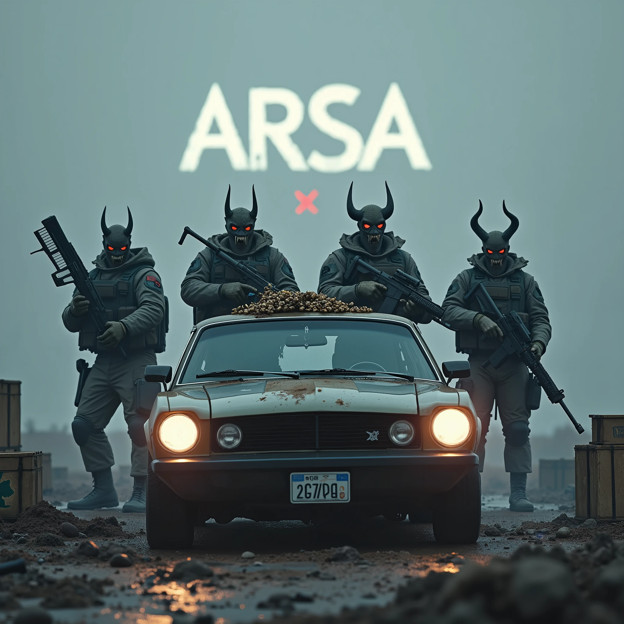 There are 4 different soldiers and all 4 soldiers look different from each other and are like half demons standing in a battlefield holding different types of advance guns from each other. Between the 4 soldiers there is a car loaded with ammunition and medkit and the number plate has "ARSA" written on it. In the background of image "ARSA" is written in demonic font and cold colours. There are death crates of enemies around the soldiers. The image looks scary in the afternoon.