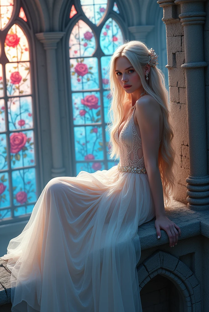 fantastic castle made of light stone with a large Gothic stained glass window-rose, girl sitting on the ledge of the roof, red and blue, long pale blonde hair, lilac eyes, in a white light fantastic dress, crystal jewelry, HD