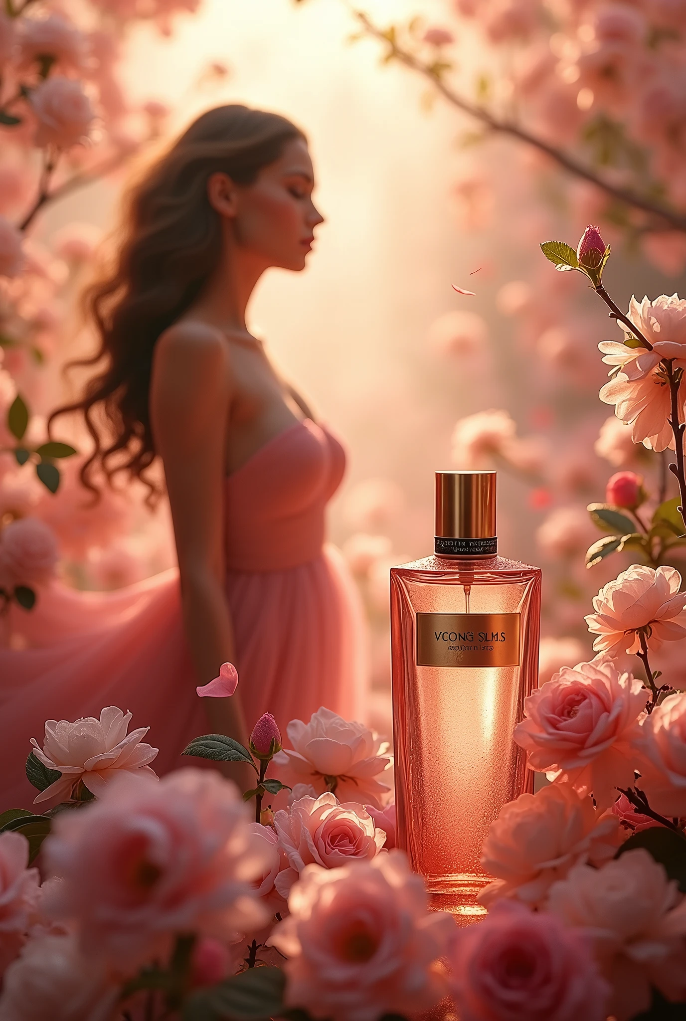 Create an advertising image of Victoria's Secret romantic mist among flowers, roses and almonds