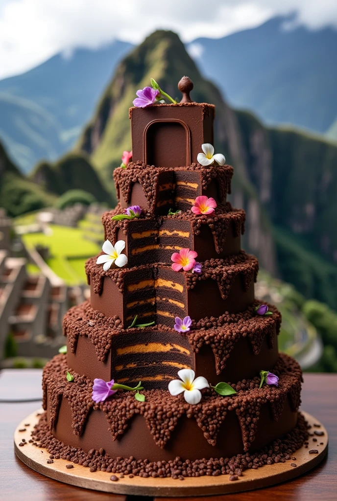 Visualize Machu Picchu as a terraced chocolate cake, with each layer representing the ancient steps, filled with Peruvian flavors like dulce de leche and adorned with edible flowers and cocoa nibs."