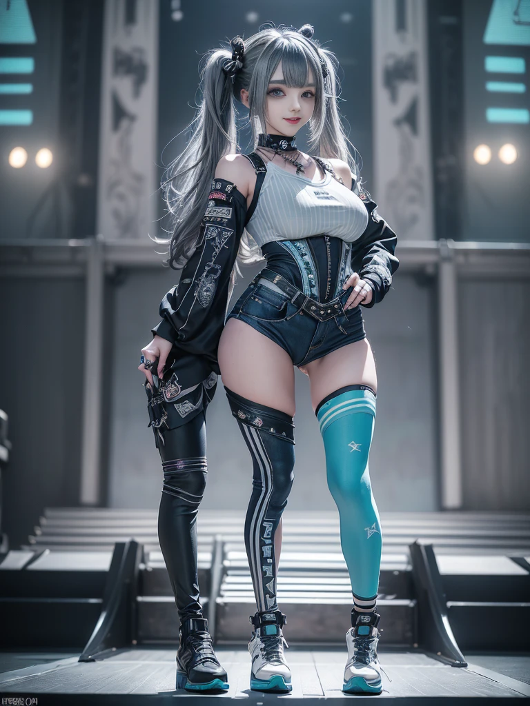 (Full Body View:1.1)、(Side view:1.1)、(Smiling with teeth showing:1.3),(Shibuya Gal:1.5)、(Gothic style fashion:1.5)、(Punk rock visual kei:1.5)、(Wearing a rhythmic gymnastics bodysuit with intricate details:1.4)、(Complex white racing suit and pants, Denim and turquoise decor:1.5)、(Denim and light blue and white boots:1.3)、((belt))、(A number of subtle logos are featured throughout the costume々:1.4)、(collar:1.3)、(Striped underwear:1.5)、20-year-old、Browsing Caution、((Highest quality、In 8K、masterpiece:1.3))、Sharp focus:1.2、(Layered Cut、Huge boobs:1.1),Beautiful woman with perfect figure:1.4、(Dance vigorously:1.3)、Slim Abs:1.2、Highly detailed face and skin texture、Detailed eyes、double eyelid,(Twin tails:1.3)、(Dark silver hair:1.3)、Idol Sculpture、(The background is the stage for a fashion show:1.3)、(The body is slim:1.3),(Slimming your legs:1.4),(clavicle:1.1)、(Thin and slim thighs:1.3)