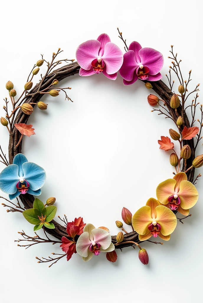 Ring composition,{The focus of the composition is on the outside of the ring:1.4},{There is a large blank space in the middle of the ring:1.4},The Four Seasons of Heaven,spring, summer, autumn,winter。wreath&four seasons,Withering,Decay&newborn,This circle reflects the cycle of seasons,As they change and wither,A circle made of orchids and branches。