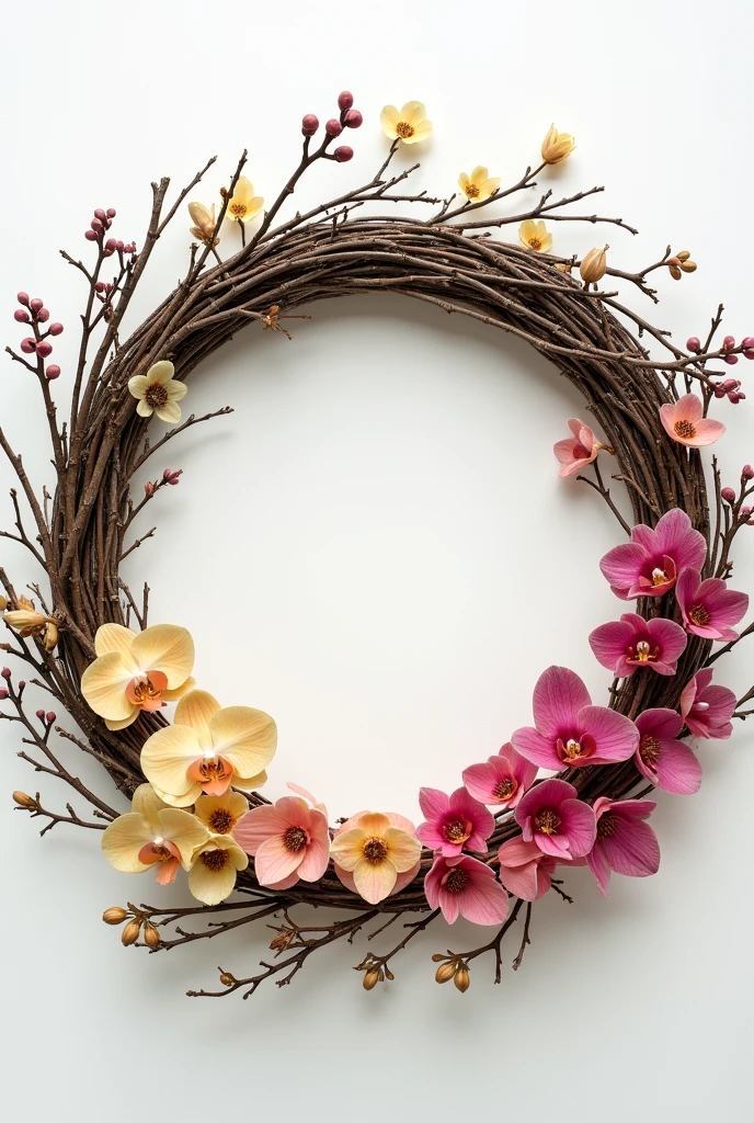 Ring composition,{The focus of the composition is on the outside of the ring:1.4},{There is a large blank space in the middle of the ring:1.4},The Four Seasons of Heaven,spring, summer, autumn,winter。wreath&four seasons,Withering,Decay&newborn,This circle reflects the cycle of seasons,As they change and wither,A circle made of orchids and branches。