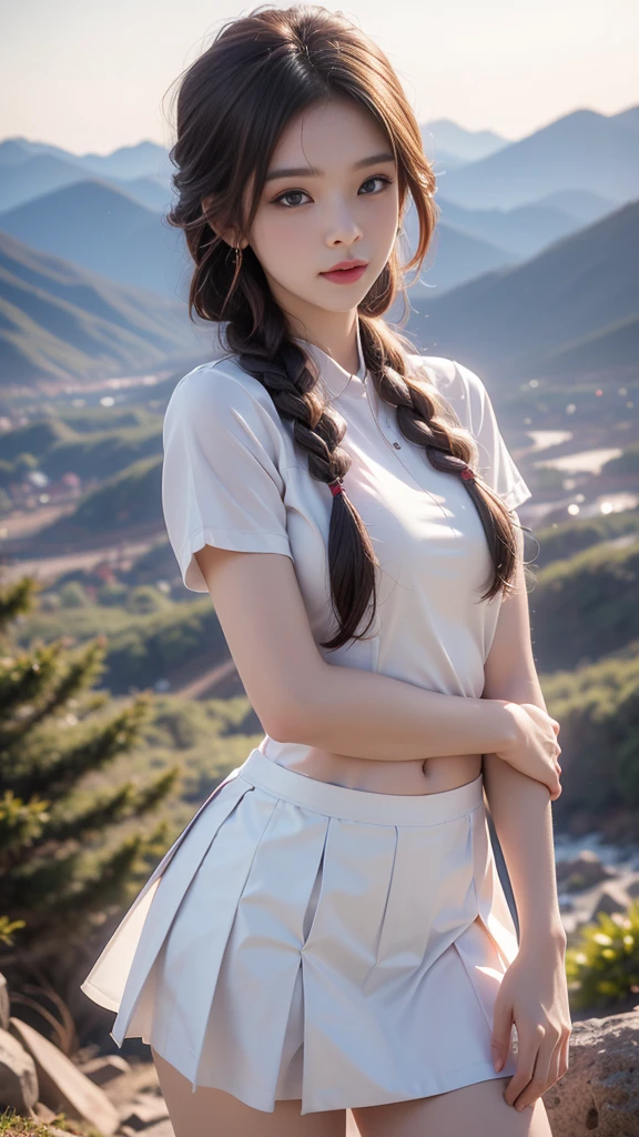 ulzzang-6500-v1.1, (RAW photo: 1.2), (Real photo), (Real photo: 1.4), 1 girl、Perfect anatomy、1、Looking at the camera、Medium length hair、side braids, Uniform white sexy skirt, watching the sunset, ((in the mountains: 1.1))、(Business service)、Asian eyes Ella,