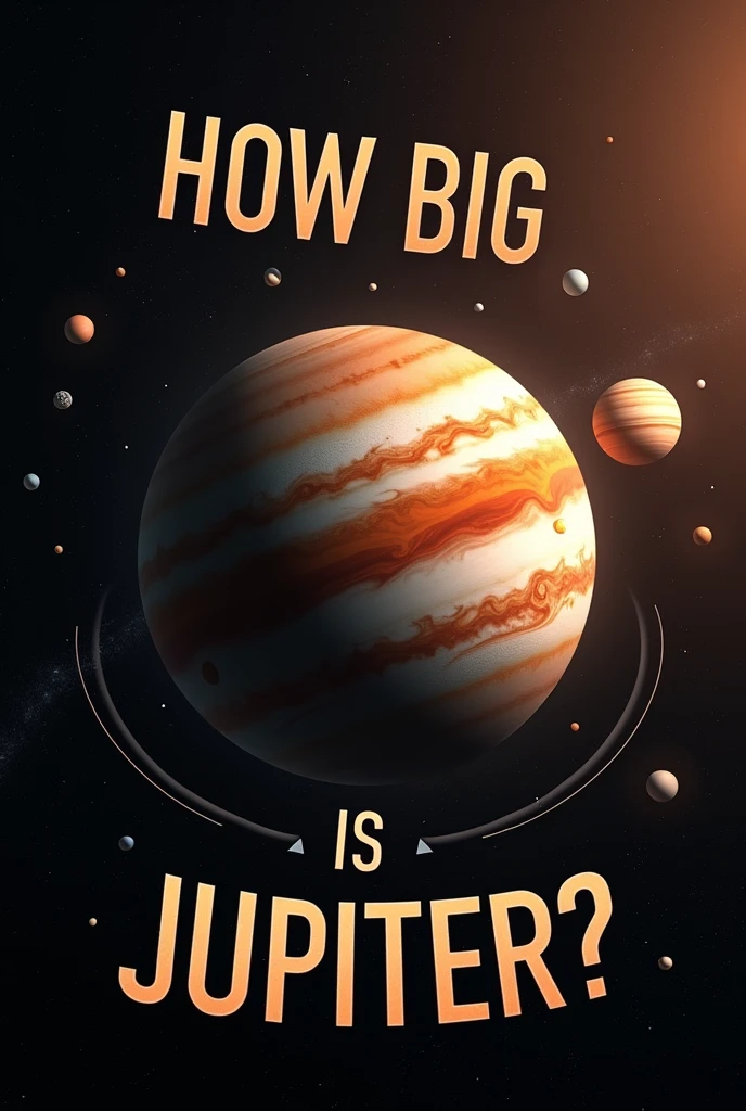 Create a horizontal 16:9 size YouTube video thumbnail on Jupiter: The largest planet in our solar system. The image should be picture of Jupiter surrounded by small planets and the text should be How big is Jupiter in bold text
