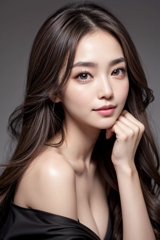 1girl, Solo, High Resolution, Long Hair, Looking at viewer, Smile, Brown Hair, Masterpiece, Award Winning, Best Quality, Detail, Super Detailed, Wavy Hair, Hair Behind Ear, Large breasts, Brown Eyes, Bright Pupils, Seductive Smile, Long Eyelashes, Canon, F/2.8, Simple background, Big Eyes, Double Eyelids, Almond-shaped eyes, Straight Nose, High Cheek, Petite Lips, Arched Eyebrows, Natural Makeup, Elegant, Hong Kong actress, Model, Black strap dress, Grey background, Portrait, Focus on eyes, Head shot, posing angle: 45 degrees to camera