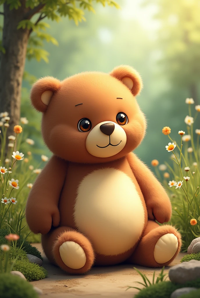 Create a cute chubby round bear with realistic backround