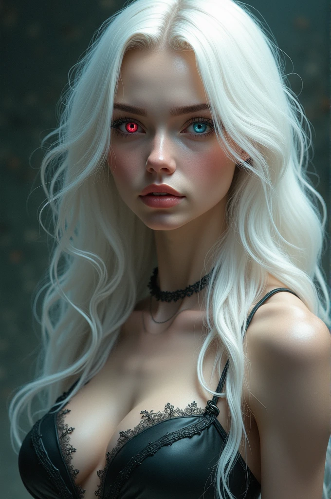 Girl with white hair and red eyes, big boobs, long hair, beautiful, heterochromia eyes