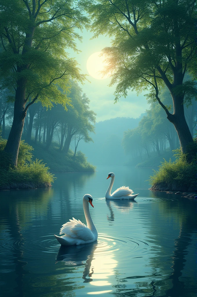Green flowers trees wind moonlight lake swans