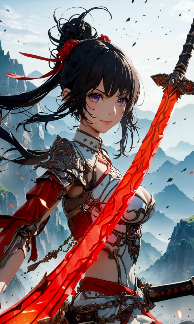 ((Highest quality、masterpiece、best quality,unreal engine,unity 8k wallpaper,anime style,animation style、High resolution、8k、detailed、ultra-detailed,upper body:1.3)),smile, adult woman,(((Holds an long energy sword in his right hand,battle dress,battle monster、The background is a mountain from another world,キラキラした目:1.2))),Dynamic pose,Dynamic Angle,A dynamic scene,Big Breasts,red sword blade