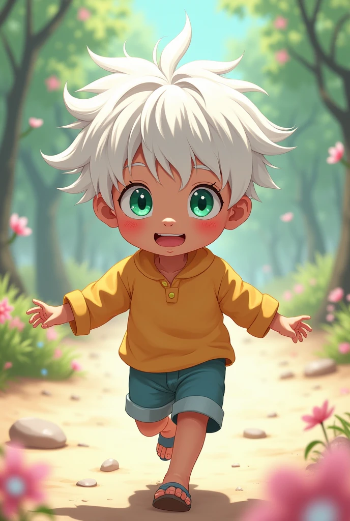 Raise a little brown-skinned boy, white hair and light green eyes, in anime dash.
