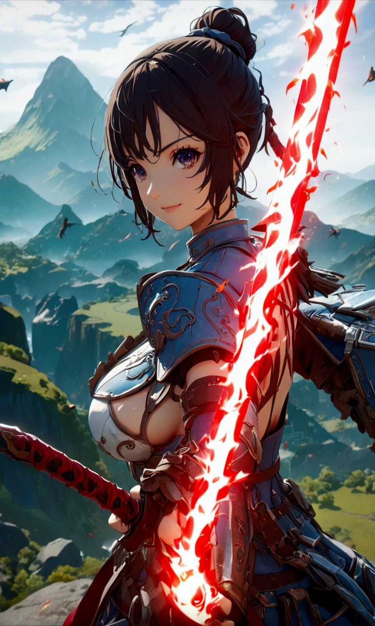 ((Highest quality、masterpiece、best quality,unreal engine,unity 8k wallpaper,anime style,animation style、High resolution、8k、detailed、ultra-detailed,upper body:1.3)),smile, adult woman,(((Holds an long energy sword in his right hand,battle dress,battle monster、The background is a mountain from another world,キラキラした目:1.2))),Dynamic pose,Dynamic Angle,A dynamic scene,Big Breasts,red sword blade