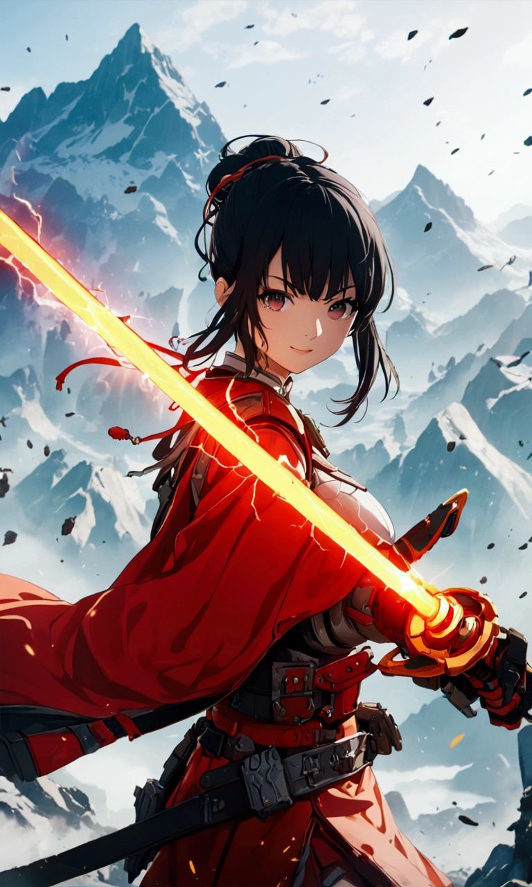 ((Highest quality、masterpiece、best quality,unreal engine,unity 8k wallpaper,anime style,animation style、High resolution、8k、detailed、ultra-detailed,upper body:1.3)),smile, adult woman,(((Holds an long energy sword in his right hand,battle dress,battle monster、The background is a mountain from ther world,キラキラした目:1.2))),Dynamic pose,Dynamic Angle,A dynamic scene,Bigd sword blade