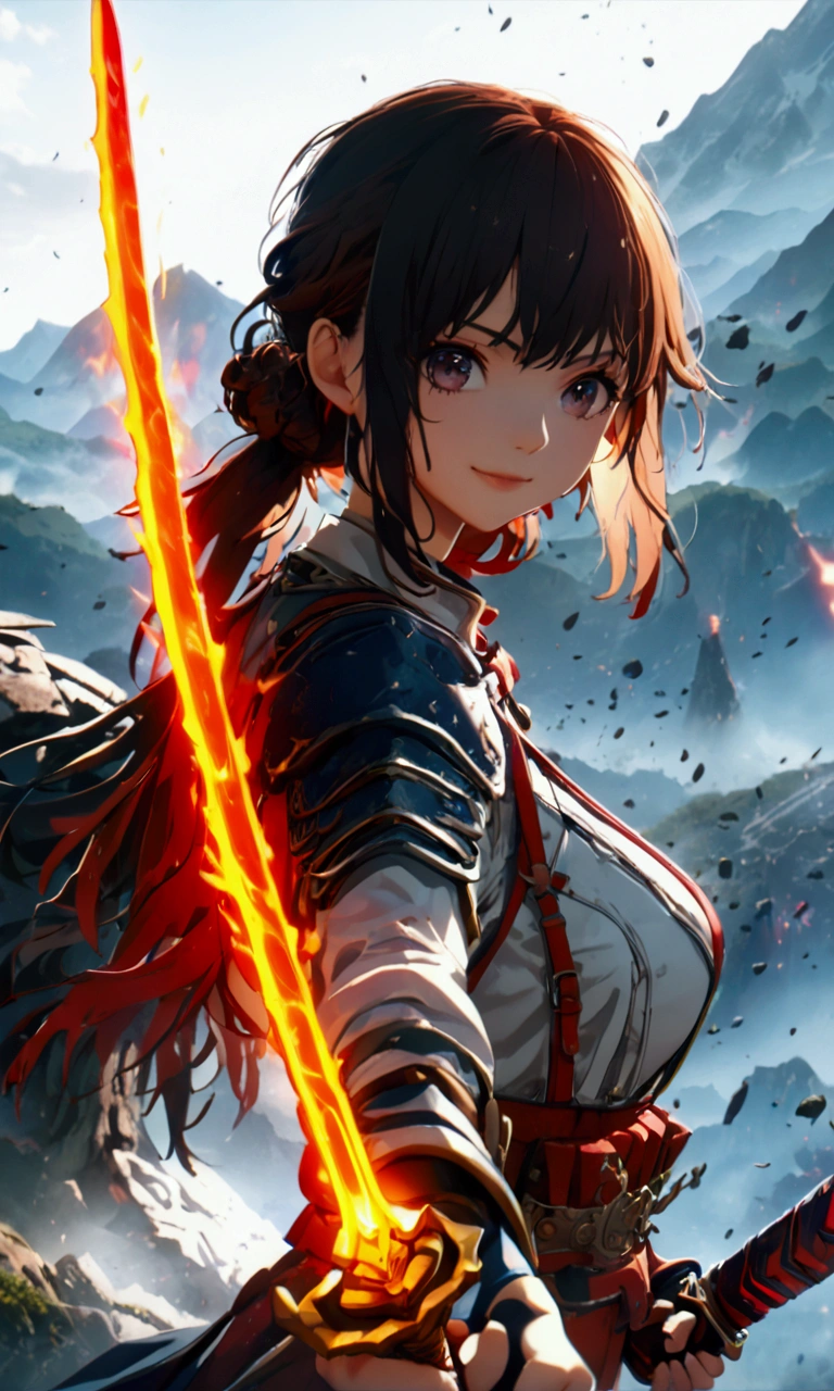 ((Highest quality、masterpiece、best quality,unreal engine,unity 8k wallpaper,anime style,animation style、High resolution、8k、detailed、ultra-detailed,upper body:1.3)),smile, adult woman,(((Holds an long energy sword in his right hand,battle dress,battle monster、The background is a mountain from another world,キラキラした目:1.2))),Dynamic pose,Dynamic Angle,A dynamic scene,Big Breasts,red sword blade