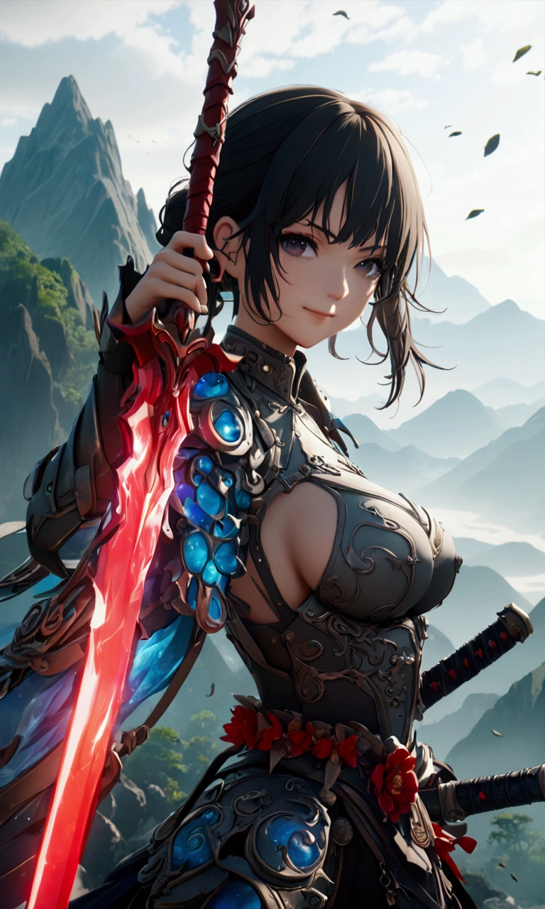 ((Highest quality、masterpiece、best quality,unreal engine,unity 8k wallpaper,anime style,animation style、High resolution、8k、detailed、ultra-detailed,upper body:1.3)),smile, adult woman,(((Holds an long energy sword in his right hand,battle dress,battle monster、The background is a mountain from another world,キラキラした目:1.2))),Dynamic pose,Dynamic Angle,A dynamic scene,Big Breasts,red sword blade