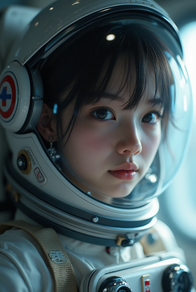 (8k, RAW photo, best quality, masterpiece), (photorealistic), outstanding details, ultra-high resolution, anatomically correct, textured skin, (Extremely precise and accurate anatomy),
(wide lens effect), (outer space), astronaut, extravehicular activity, EVA, weightlessness, zero gravity, spacewalk,
(Cute Japanese girl , 20-year-old), upper body
from side
(dramatic lighting), cinematic lighting,