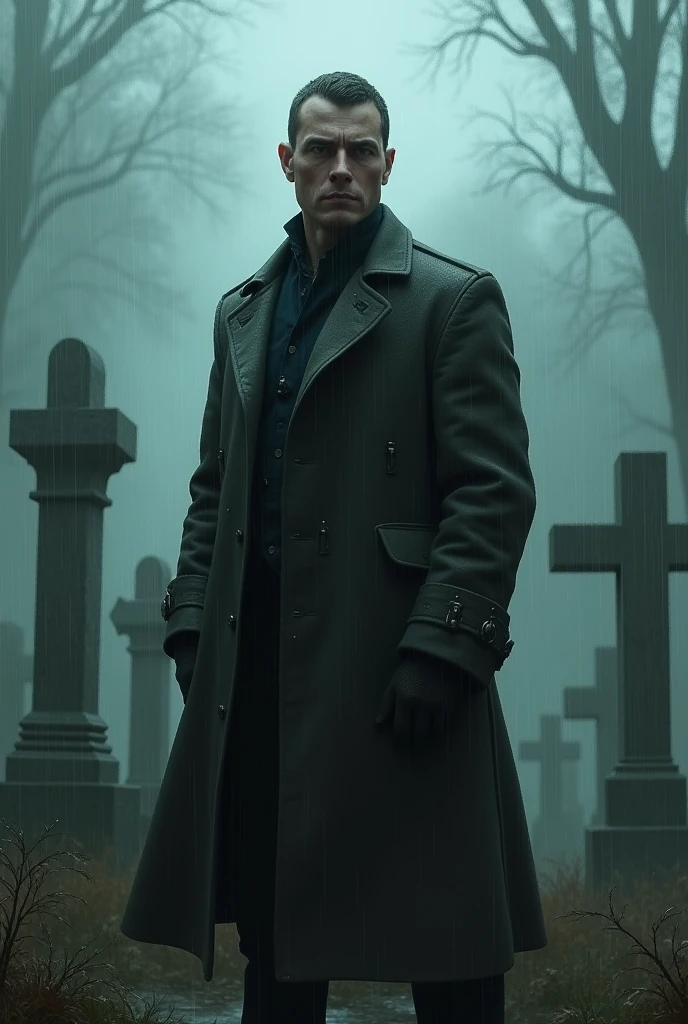 Make a man in a coat standing in the middle of a gloomy cemetery, he is brave and with poise, this night, with a lot of fog and rain