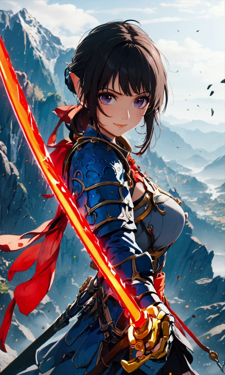 ((Highest quality、masterpiece、best quality,unreal engine,unity 8k wallpaper,anime style,animation style、High resolution、8k、detailed、ultra-detailed,upper body:1.3)),smile, adult woman,(((Holds an long energy sword in his right hand,battle dress,battle monster、The background is a mountain from another world,キラキラした目:1.2))),Dynamic pose,Dynamic Angle,A dynamic scene,Big Breasts,red sword blade