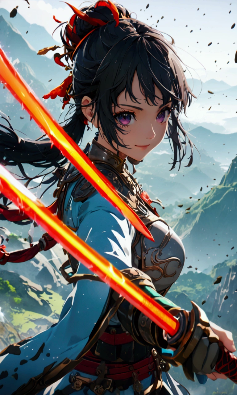 ((Highest quality、masterpiece、best quality,unreal engine,unity 8k wallpaper,anime style,animation style、High resolution、8k、detailed、ultra-detailed,upper body:1.3)),smile, adult woman,(((Holds an long energy sword in his right hand,battle dress,battle monster、The background is a mountain from another world,キラキラした目:1.2))),Dynamic pose,Dynamic Angle,A dynamic scene,Big Breasts,red sword blade