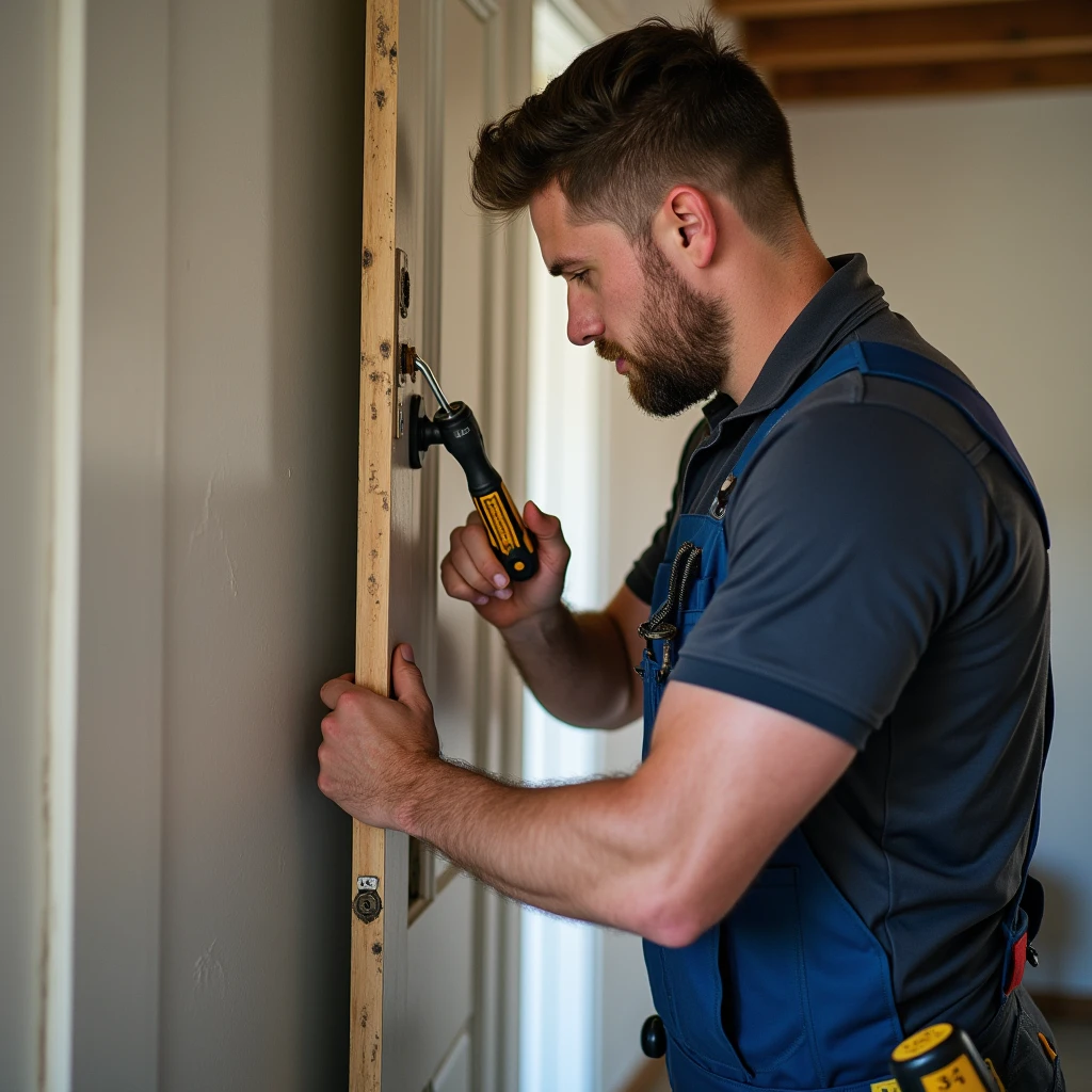 "Professional old door removal service. The image should showcase a technician carefully dismantling an old door that is being discarded. The technician, equipped with appropriate tools such as a screwdriver and pry bar, should be shown removing the door from its frame with precision. The background should feature a space where the old door is being taken out, with visible signs of a clean and efficient removal process. Emphasize the technician's expertise, the careful handling of the removal process, and the neatness of the work area as the door is prepared for disposal."