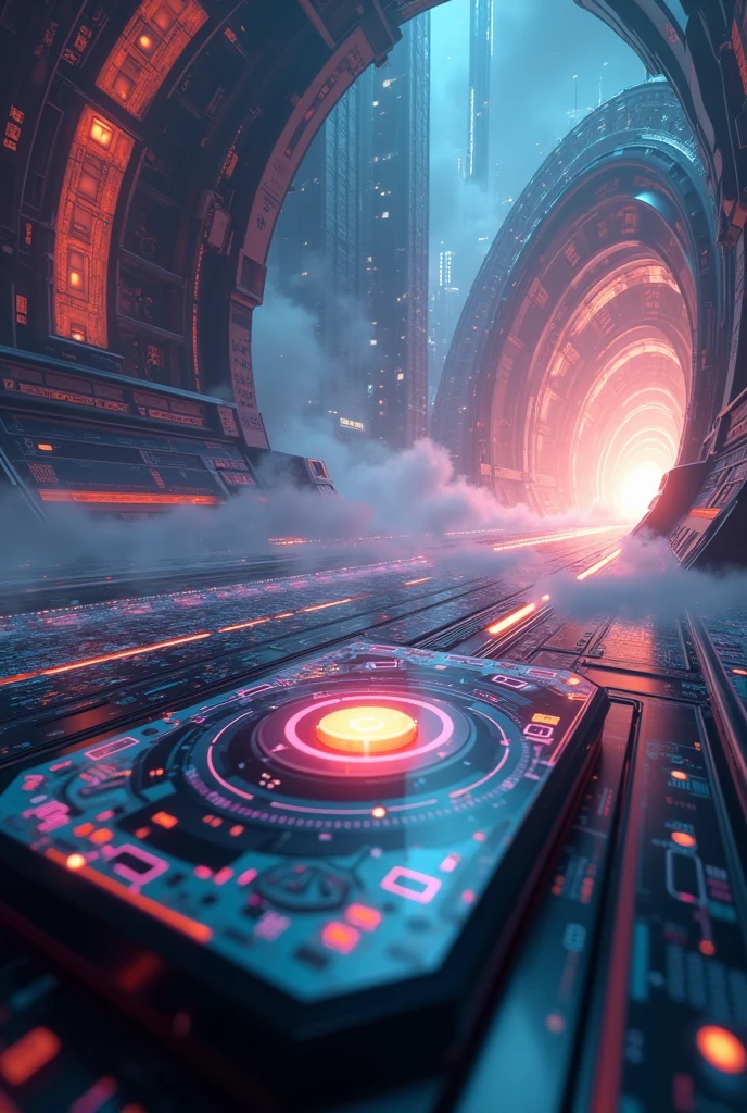 Design an image featuring a fast-forward button with visual elements of future events, including futuristic items, advanced technology, and imaginative scenes. Highlight the idea of accelerating and glimpsing into the future."