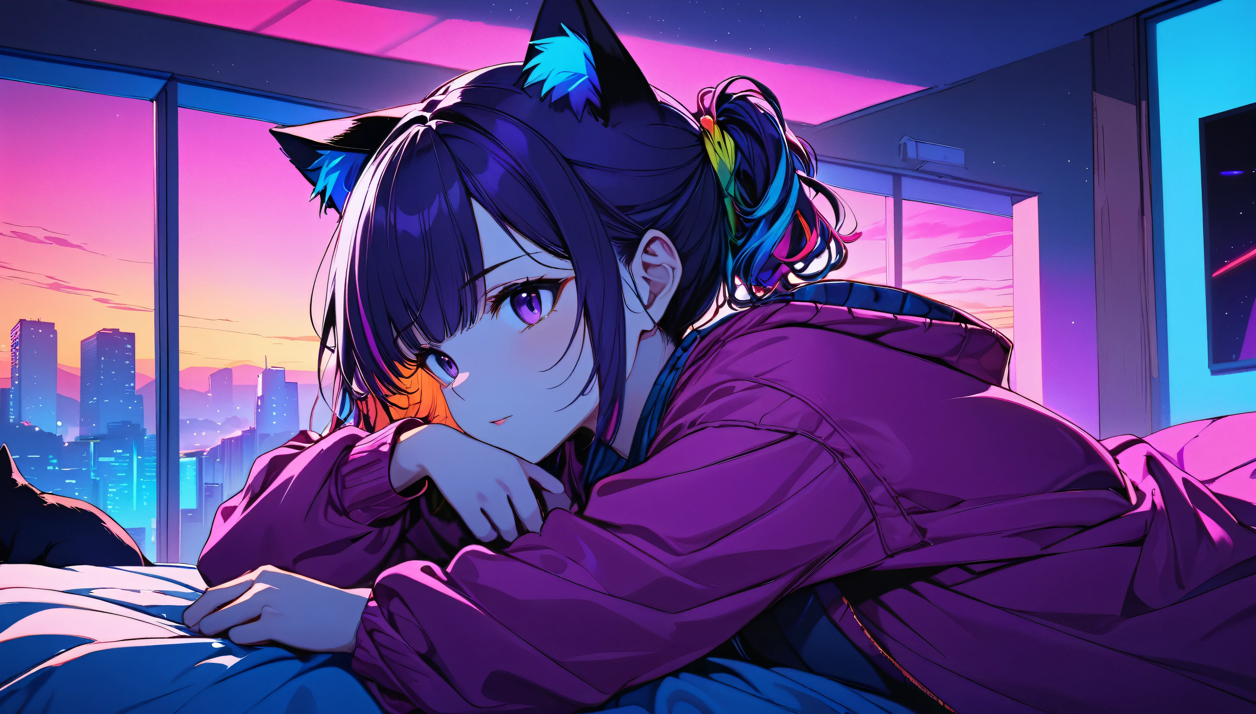 Masterpiece, high Quality, girl, hair tied up, cat ears, hair with colorful highlights, big clothes, baggy clothes, comfortable clothes, indoors, night, sunset, dark room, distractedly fiddling with something, lying down, synthwave colors, deep purple and blue,
