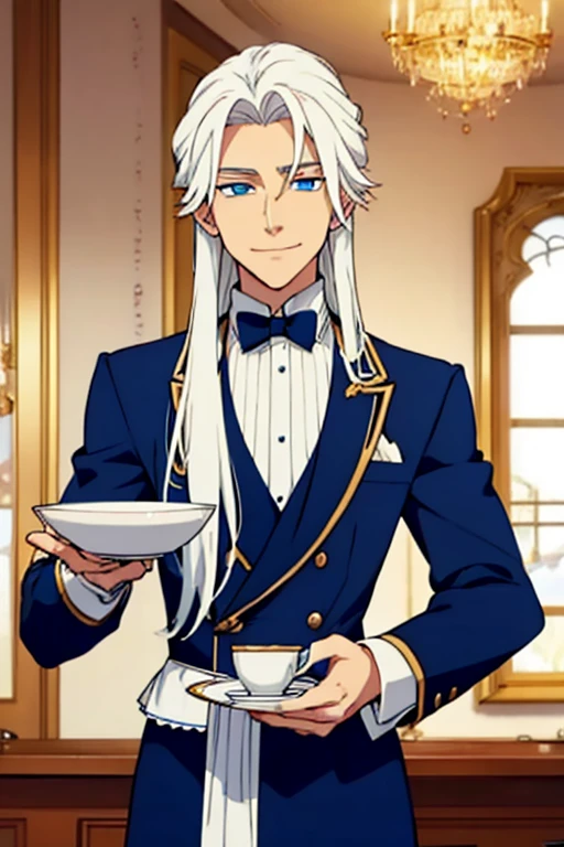 Perfect face. Perfect hands. A young white haired man with blue eyes and long hair in a butler's uniform is smiling while serving tea in a fancy butler's cafe
