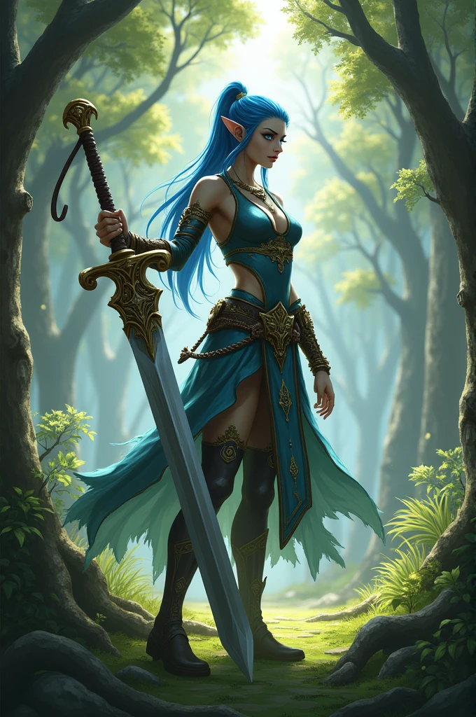 Wood Elf with blue eyes, Blue hair ponytail, peuple skin and a greatsword