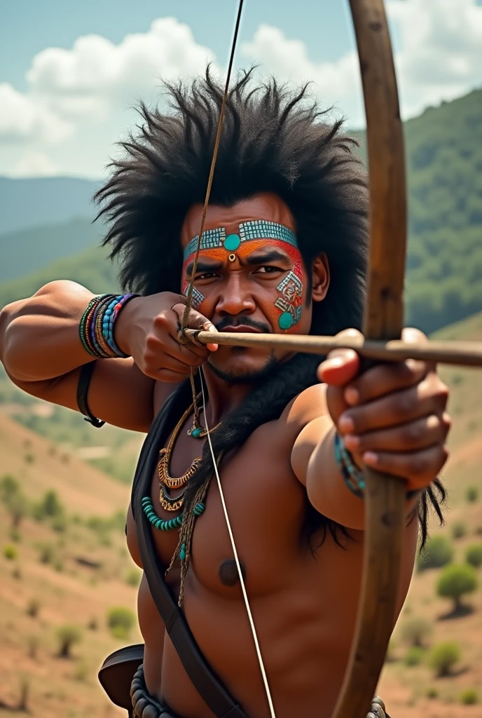 An Indian man, strong but not muscular, with big hair, beardless with a bow in his hand in northeastern Brazil, in the caatinga and aiming this bow somewhere, and with his face painted with indigenous paints