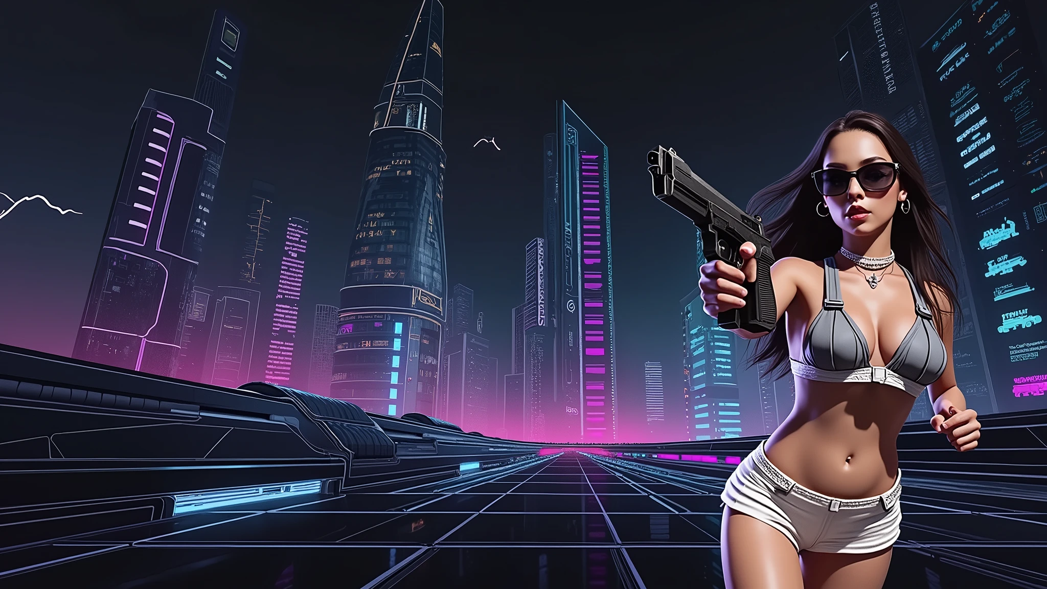 Futuristic cityscapes with colorful all-glass outlined towering skyscrapers with lightning, flying vehicle. High-resolution OLED GUI interfaces in the building, The windows are filled with transparent data visualization infographics that show it all, Egyptian fantasy arts, Egyptian statue, (Egyptian hieroglyphics). Colors are saturated and vibrant. At night, (1girl, solo, alone), photorealistic, large-breast slim:0.6 body, oval:0.5 face, cleavage:1.1, very low angle view of pleated miniskirt, deep-v, (upskirt), glove, (Matrix style black micro sunglasses), (aiming viewer with a short gun), dynamic running pose, (half-body thigh level close-up shot), cinematic lighting, ray tracing, motion blur background.