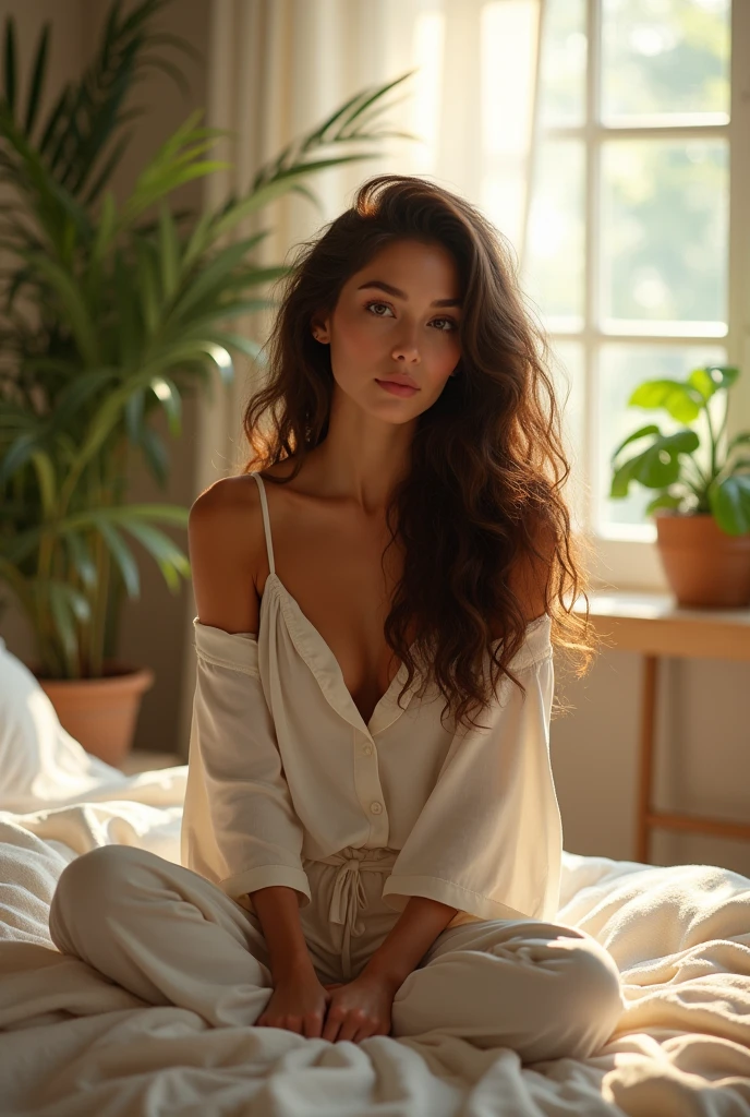 (photorealism:1.2), beautiful woman, sitting on bed, wearing loose off-shoulder top, pajama pants, long curly hair, indoors, soft lighting, plants in background, window with sunlight, cozy room, relaxed pose, realistic, intricate details, warm colors, by Greg Rutkowski, by Alphonse Mucha