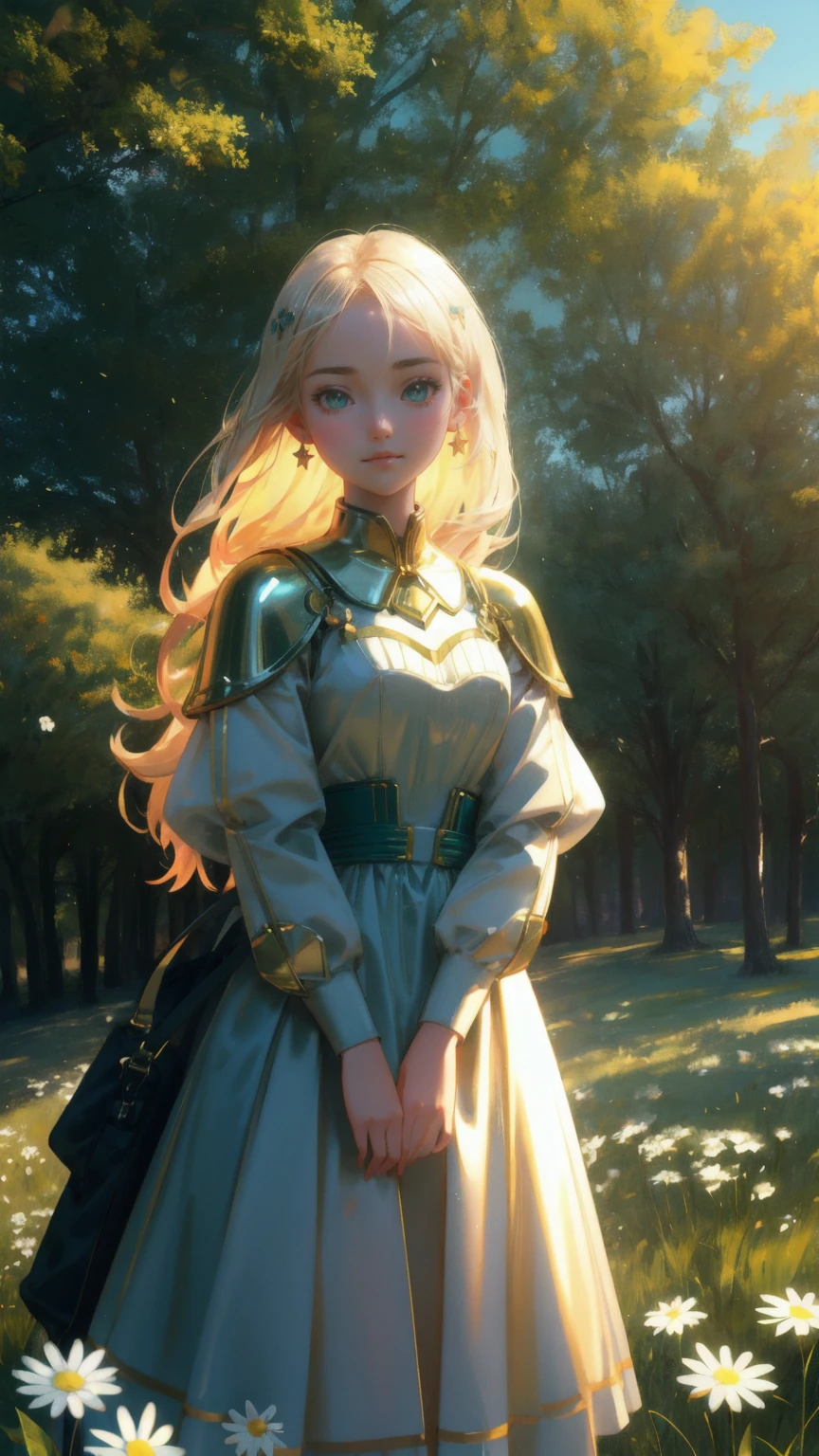 A 3D-rendered image of a cute anime girl with a spherical, metallic head and large, sad eyes. She has a robot-like body with a shiny gold surface covered in a grid pattern. The girl stands on a golden platform in a lush green field, holding an oversized, detailed sandwich. Her posture conveys distress.
The background is a vibrant park scene with green grass, trees, and a wooden picnic table in the distance. The sky is a clear blue. Dramatic light bursts and lens flares dominate the image, with a large, star-shaped light source in the upper left corner.
Golden rays and sparkles emanate from the girl's body and the surrounding environment. The lighting is intense and magical, creating a surreal atmosphere.
In the foreground, a white daisy and other small plants are visible in the grass. The image has a hyper-realistic style with vivid colors and intricate details.
The overall effect blends technology and nature, with the anime girl-robot appearing both out of place and integrated into the serene park setting. The image conveys wonder, confusion, and a touch of humor