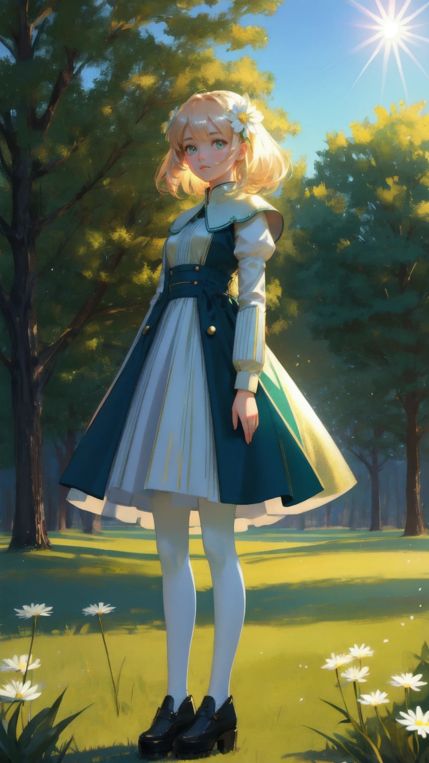 A 3D-rendered image of a cute anime girl with a spherical, metallic head and large, sad eyes. She has a robot-like body with a shiny gold surface covered in a grid pattern. The girl stands on a golden platform in a lush green field, holding an oversized, detailed sandwich. Her posture conveys distress.
The background is a vibrant park scene with green grass, trees, and a wooden picnic table in the distance. The sky is a clear blue. Dramatic light bursts and lens flares dominate the image, with a large, star-shaped light source in the upper left corner.
Golden rays and sparkles emanate from the girl's body and the surrounding environment. The lighting is intense and magical, creating a surreal atmosphere.
In the foreground, a white daisy and other small plants are visible in the grass. The image has a hyper-realistic style with vivid colors and intricate details.
The overall effect blends technology and nature, with the anime girl-robot appearing both out of place and integrated into the serene park setting. The image conveys wonder, confusion, and a touch of humor