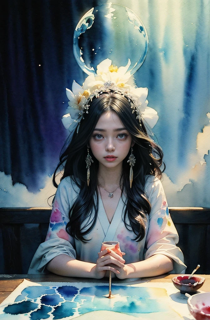 (Tabletop, Highest qualityの, Highest quality, Official Art, (beautifully、aesthetic:1.4), (Watercolor:1.4) ), (Izanami 1.5), 日本のgod話の女god, Majestic beauty, 創造の女god、生命の女god、Typically、((((Typically))))、Reincarnation Support, god'Grace, Gentle and meditative expressions, Flowing, celestial garments, Shine、Created all the landscapes and worlds on Earth, A dazzling dance of light, Whispers of Ancient Legends,5Finger