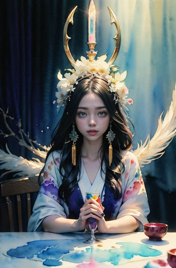 (Tabletop, Highest qualityの, Highest quality, Official Art, (beautifully、aesthetic:1.4), (Watercolor:1.4) ), (Izanami 1.5), 日本のgod話の女god, Majestic beauty, 創造の女god、生命の女god、Typically、((((Typically))))、Reincarnation Support, god'Grace, Gentle and meditative expressions, Flowing, celestial garments, Shine、Created all the landscapes and worlds on Earth, A dazzling dance of light, Whispers of Ancient Legends,5Finger