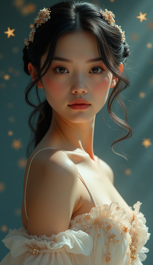 (High resolution,masterpiece:1.2),(Realistic:1.37)"(Highest quality, High resolution, Very detailed, Realistic),Portrait of a beautiful Japanese ballet dancer from the 19th century, (She is half Japanese and half Kenyan., She is a beautiful woman with deep brown eyes and a high nose.:1.1), Exquisite ballet costumes, Detailed facial features, Long and graceful neck, Flowing locks of hair, Calm and elegant posture, Soft and delicate lighting, Vibrant colors, Delicate background with star motif", Dreamy atmosphere, Surrealism,Mysterious Aura