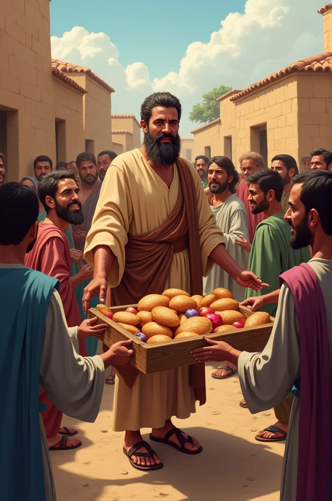 • Main illustration: Draw the second rich man distributing food and drink to the people of the village.. It shows people with expressions of relief and satisfaction.
• Details: Food carts emptying and people sharing the food, with the rich making sure everyone gets their share