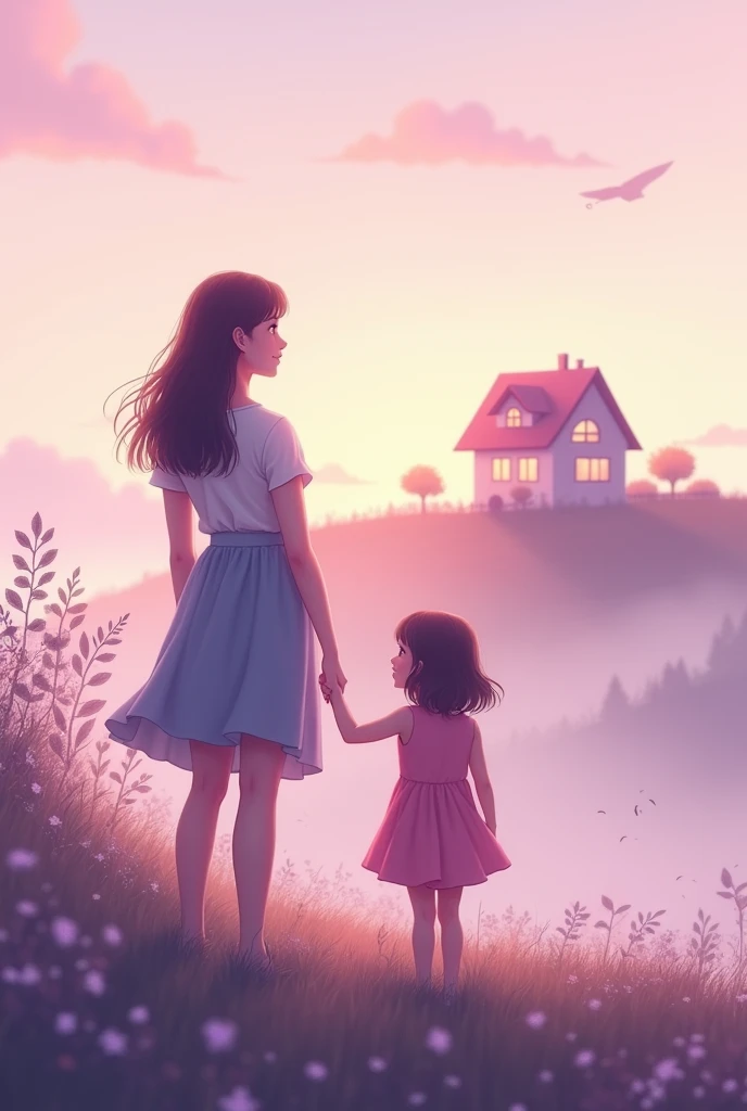 An image on the horizon of a two-story house, small but dreamy beautiful, and a 40-year-old mother and a daughter looking at her on the horizon , in pink tones, lilac, pastel shades