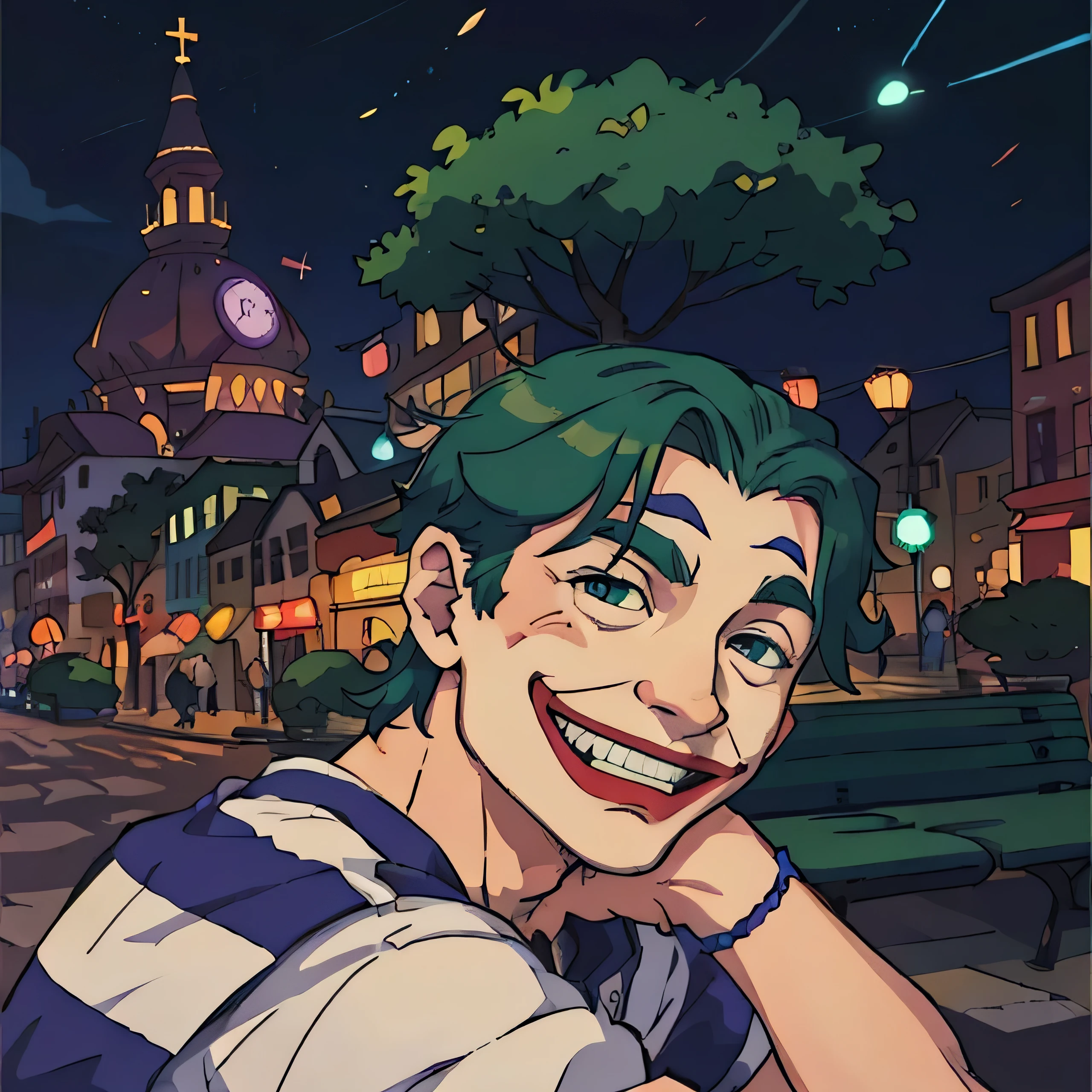 arafed man sitting on a bench in a city at night, john jude palencar, professional picture, taken in the early 2020s, 2 , headshot profile picture, photo taken in 2 0 2 0, 2 , 2 , ramil sunga, josan gonzales!!!, young, grin face, Movie lighting, hyper HD, (best detail), ((vectorial)), (((Manhwa Style))), jocker\(Joker 2019\), Green hair, evilsmile, Epic, realisticlying, Faded, com cores neutras, (((hdr))), (best qualtiy), (jocker), back lit lighting, (vectorial), ((Manhwa Style))