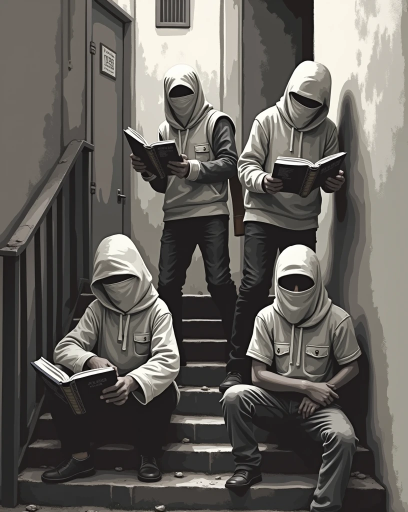 Draw a black and white stencil shape of four children with different features on a staircase, where two are standing, two sitting, all wearing a shirt covering their face and pointing books as if they were weapons, looking like bandits from the favelas of Rio de Janeiro. The books should be of different sizes. I dont want weapons in the picture.
