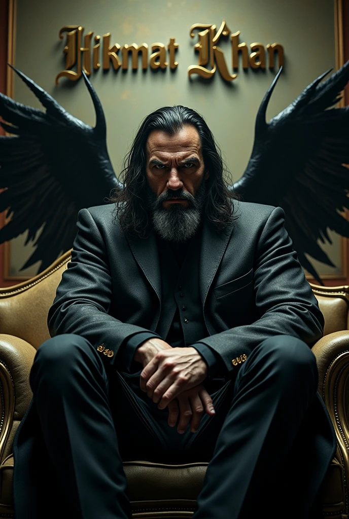 I want to create a photo of villain male with beard and long hair sitting on couch and having wings written HIKMAT KHAN at the wall