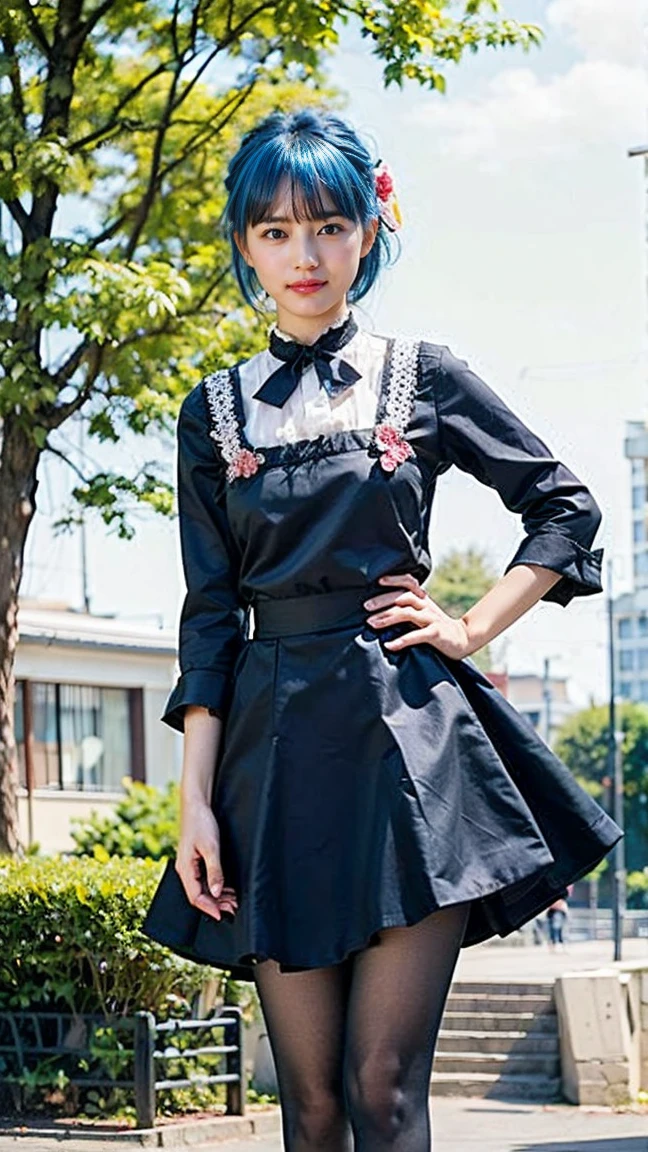 rezeroRem, Rem, blue eyes, Blue Hair, hair ornaments, Hair on one eye, hair ribbon, short hair, x hair ornaments,
break apron, black ribbon, black skirt, black sleeves, Detachable collar, Removable sleeves, flower, Frillsエプロン, frilled skirt, Frills, 頭flower輪, Long sleeve, maid, miniskirt, neck ribbon, purple ribbon, ribbon, ribbon trim, ribbon-trimmed sleeves, roswaal mansion maid uniform, short hair, skirt, Knee socks, Waist apron, White apron, white Knee socks,
break outdoors, city,
break looking at viewer,
break (masterpiece:1.2), Highest quality, High resolution, unity 8k wallpaper, (figure:0.8), (Beautiful attention to detail:1.6), extRemely detailed face, Perfect lighting, extRemely detailed CG, (Perfect hands, Perfect Anatomy),