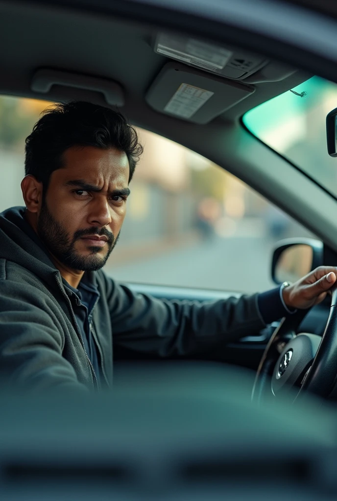 A indiyan man in the car and drive 