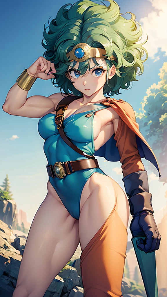 (((SFW、sound、Highest quality、Top notch work、Normal body、8k、Detailed face、Ultra-precision、Normal hand、のrefer、5refer、Highest)))、beautiful girl、Green Hair、yamato nadeshiko、((Small breasts、Shortcuts、Blue leotard、Muscular、Red Cape、Circlet))、(((Sexy pose)))、Female Heroes、 Fight、Fight準備完了、((Perfectly executed:Description of the whole body,Standing posture,Draw the details well、There is no anatomical problem))、grassland