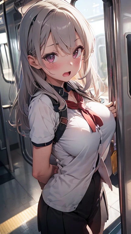 mastute piece,Best Quality,insanely detailed,8k cg,nsfw,
(shoot upper body:1.3),
(1girls:1.3),standing,looking at viewr,body in front,((both arms behind back:1.4)),(on-train salesperson costume:1.2),break,
blush,shy,(ecstasy face),(trembling:1.2),break,(light gray hair:1.2),
break,
perfect breasts,perfect teats,(open mouth:0.9),(large breasts:1.3),
(inside train:1.1),