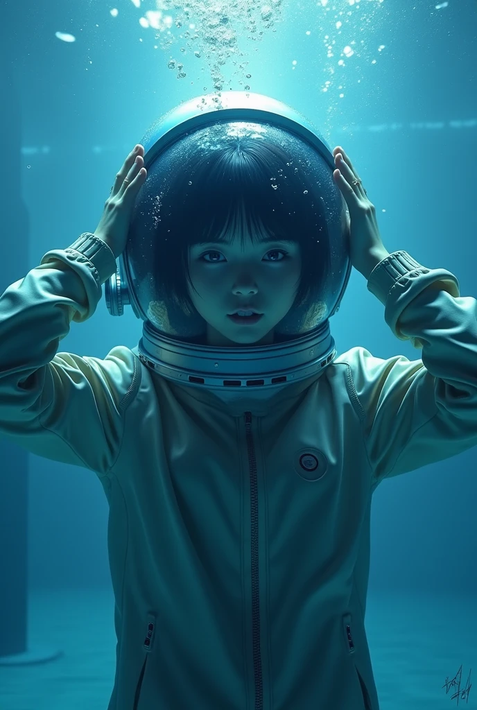 astronaut)bubble helmet, space helmet , , indoors,underwater, masterpiece, best quality, 1girl, solo, short hair, , ,(heart sayings:1.2), , trembling, HARD TO BREATH,, fog,water on the face, drowning, water torture, water in the helmet, blue visor helmet hands up, (holding head:1.5),(Face covered in blue water:1.3), 