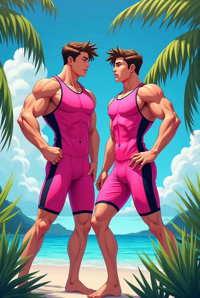 (((2heads)) ),(masterpiece, award winning, best quality:1.3), (flat color:1.3),(looking at viewer,1boy,((solo)),  legs spread, next to 1 transgender woman, perfect lighting, perfect shading, (realistic:1.2), (mature adult:1.27), (dynamic pose), detailed, intricate, beautiful, gorgeous stunning, cinematic, epic, speedo, tank top